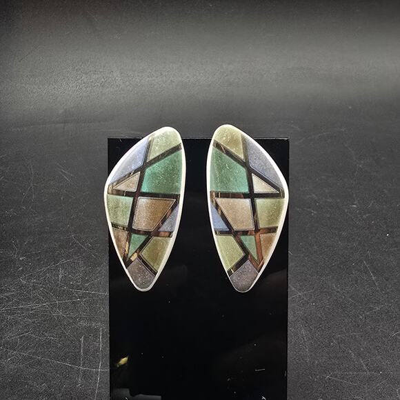 Avon Porcelain Mosaic Earrings In Box Colorful 1980s Costume Jewelry - Picture 1 of 6